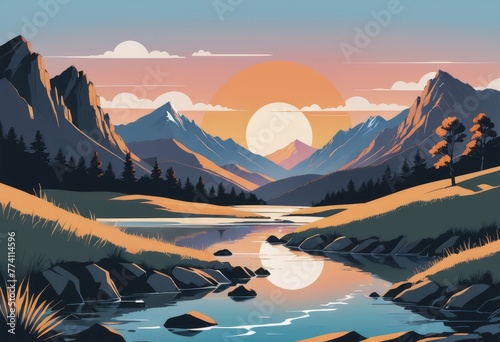 A serene sunset casting its glow over rugged mountain landscapes, with flowing water and wildlife in sight photo