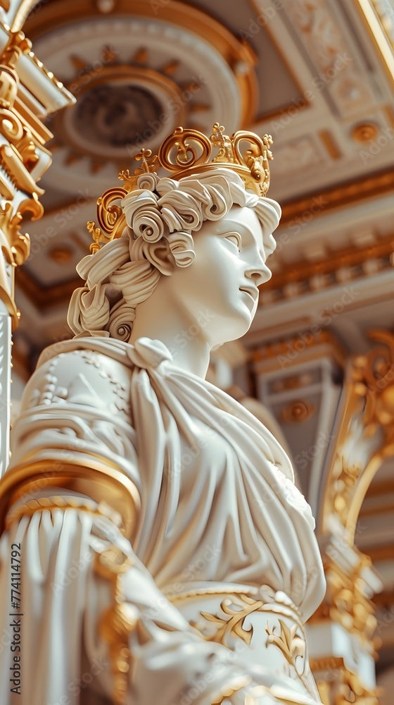 Obraz premium Majestic Neoclassical Statue in Ornate Palace Interior with Intricate Architectural Details and Lavish Gilded Decor
