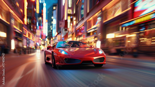 Sports car driving at high speed on the road at night,created with Generative AI tecnology.
