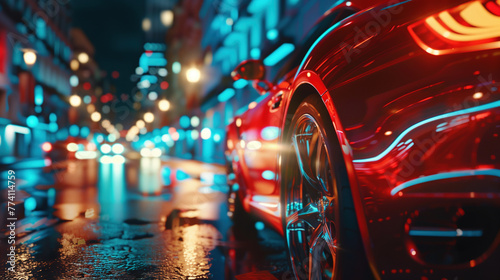 Sports car driving at high speed on the road at night,created with Generative AI tecnology. © henvryfo