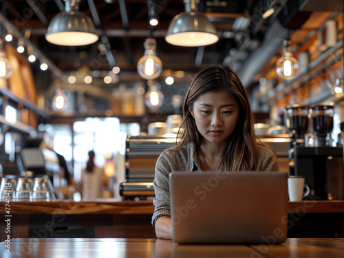 Entrepreneur asian woman working on laptop in a modern cafe shop, remote worker / digital nomad	 photo