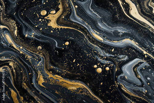 Close-up of a luxurious black and gold marble surface, showcasing intricate swirling patterns and shimmering details