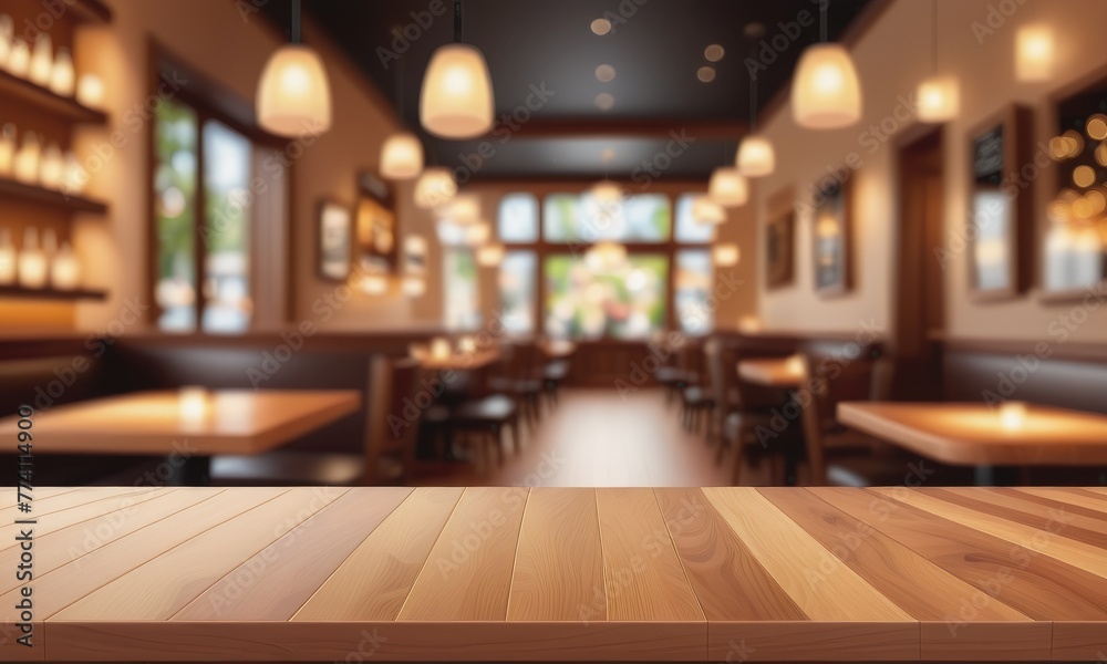A wooden tabletop adorned with a bokeh light effect, set against a blurred background of a restaurant, café