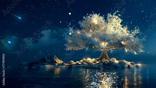 magic tree at night with star fall, amazing view nature video background looping for live wallpaper 4k 