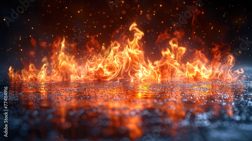 Fire burning on a wet surface. The fire is reflected in the water, creating a beautiful and dangerous scene.