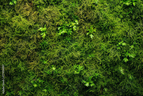 Detailed view of a wall completely covered in thick moss, showcasing the vibrant green colors and textures