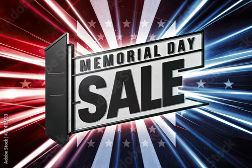 A vibrant burst of red and blue beams emulates from the center, radiating energy and excitement around a sign that announces a Memorial Day Sale.