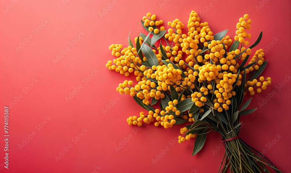 bouquet of yellow mimosa flowers on red pastel background with copy space, seen from above,	