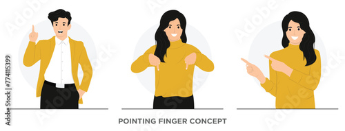 Flat vector Beautiful girl with happy smile pointing fingers down side up at banner concept illustration