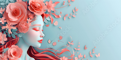 illustration of a beautiful woman with long hair and flowers on her head against a pastel blue background in the style of paper cut art