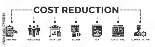 Cost reduction banner web icon illustration concept with icon of checklist, personnel, inventory, salary, tax, advertising and administration