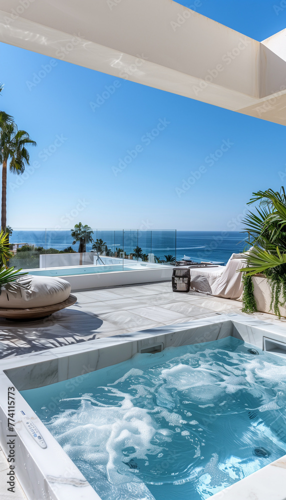 Luxury villa swimming pool by the sea,created with Generative AI tecnology.