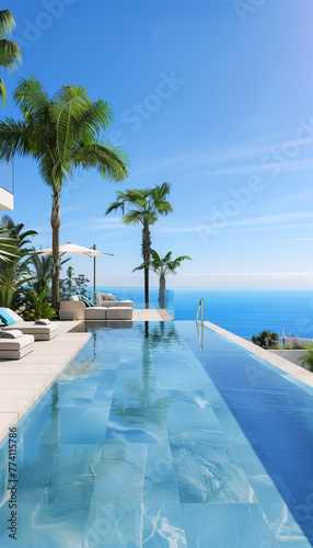 Luxury villa swimming pool by the sea created with Generative AI tecnology.