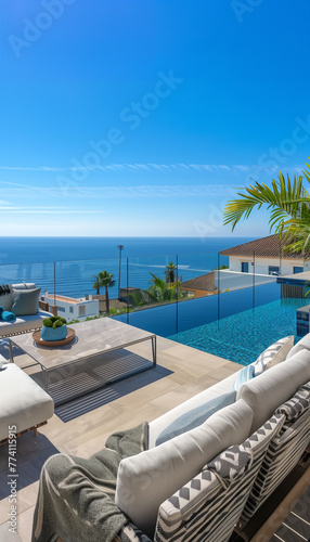 Luxury villa swimming pool by the sea,created with Generative AI tecnology. © henvryfo