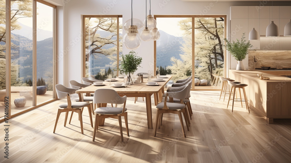 A dining room with Scandinavian design elements, with light wood furniture.