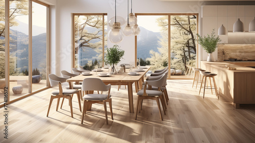 A dining room with Scandinavian design elements  with light wood furniture.