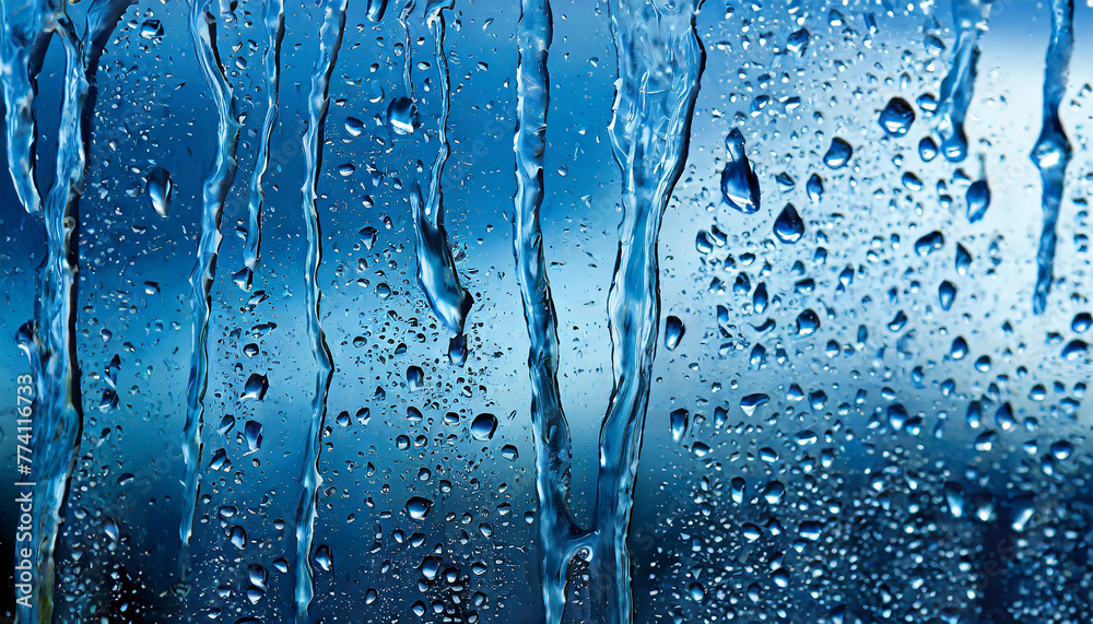 Blue in color, water droplets flowing down the glass. Abstract background. Blue in color, water droplets flowing down the glass. Abstract background.