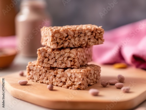On wooden cutting board three squares of homemade puffed rice cereal treats stacked on top of each other. Treats made with rice, sugar, butter, marshmallows. They soft, chewy.