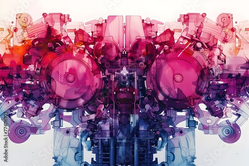 Tapestry of Mirrored Digital Twin Engines in Berry Delicious Color Palette with Cinematic Photographic Style