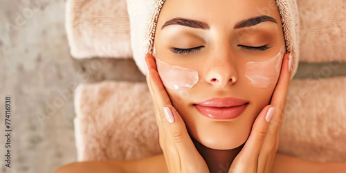 Serene Beauty Treatment. A tranquil woman with a towel on her head enjoys a pampering facial treatment, embodying relaxation and skincare luxury. 