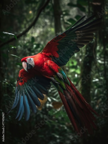 Scarlet macaw flying in rainforest. Bird has bright red, green, blue feathers. It flying through lush green forest. Macaw large bird, with long tail, powerful beak. It very agile flier.