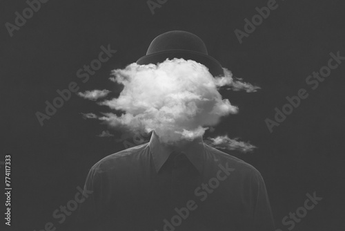 Surreal black and white concept man with cloud over head
