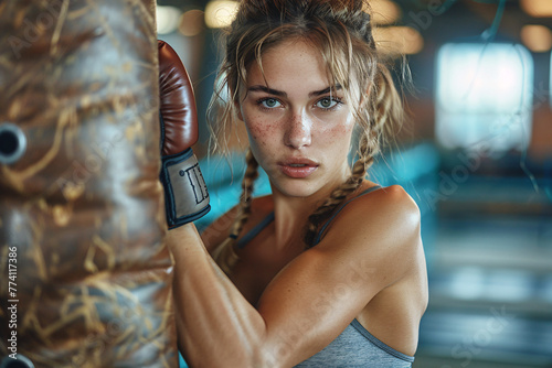 Woman poses with a punching bag in a gym. She is wearing a bikini and sweating.