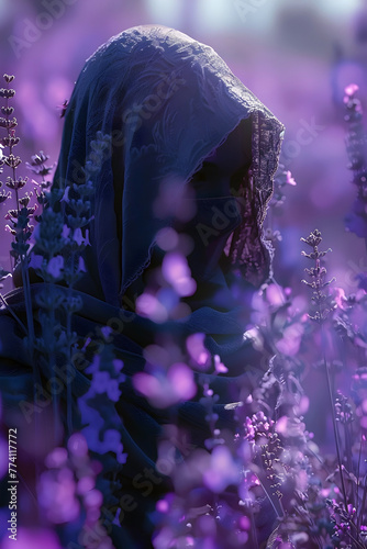 Whispers of Shadow and Lavender A Mysterious Assassin s Tableau in Ethereal Vaporwave Hues photo