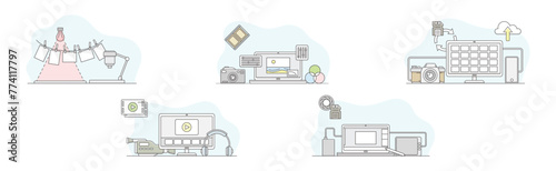 Movie Production and Filmmaking or Motion Picture Record Line Vector Set