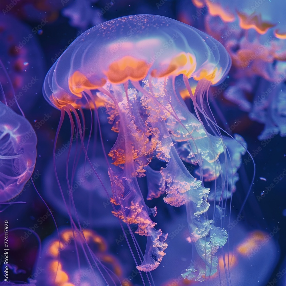 Fototapeta premium Closeup, glowing jellyfish near underwater city, vibrant colors, empty, dusk ambiance, soft focus