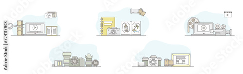 Movie Production and Filmmaking or Motion Picture Record Line Vector Set