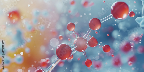 Biochemistry molecular or red color atom structure in medical science, blue abstract background. macromolecule proteomics research technologies. 3D render. 