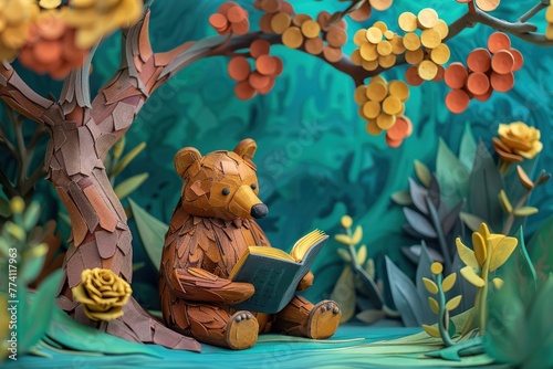 Bear reading under a tree, World Book Day, clay 3D, abstract geometric, vivid colors photo