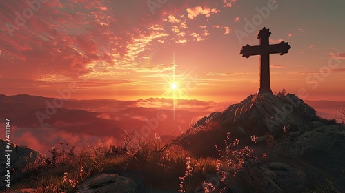 Craft a narrative that captures the contemplative ambiance of a cross silhouette on a mountain during sunrise