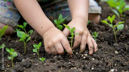 Child's hands planting, closeup, World Earth Day, blank space background
