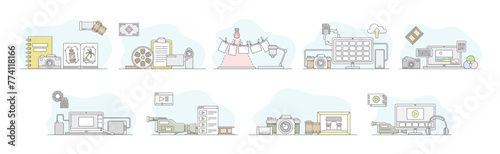 Movie Production and Filmmaking or Motion Picture Record Line Vector Set