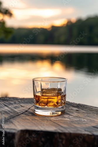 Closeup, whiskey glass on rustic wood, outdoor lake backdrop, dusk, soft reflections, tranquil mood