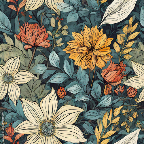 Retro wild floral pattern in many types of flower plants. Botanical motifs