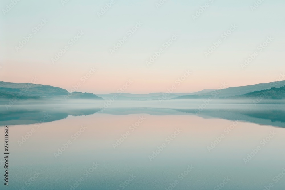 Misty Morning Serenity with Calm Waters and Pastel Sunrise