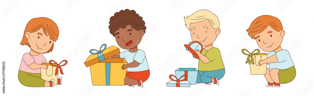 Happy Kid Receive Gift Box Open Present with Excitement Vector Set Happy Kid Receive Gift Box Open Present with Excitement Vector Set