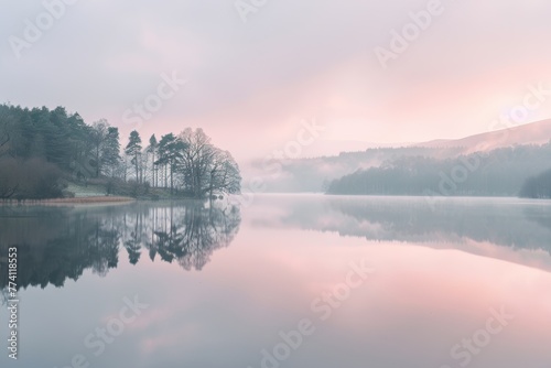 Misty Morning Serenity with Calm Waters and Pastel Sunrise