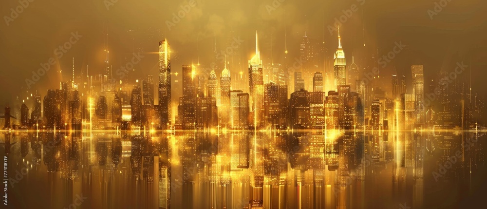 A majestic 3D golden city skyline, with realistic shimmering lights, set against a twilight sky, creating a stunning urban landscape.