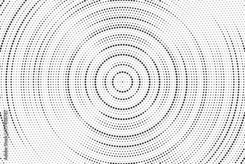 Radial halftone spotted and dotted gradient background. Concentric stains texture with fading effect. Black and white rough wallpaper. Grunge monochrome geometric backdrop. Vector illustration.