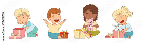Happy Kid Receive Gift Box Open Present with Excitement Vector Set