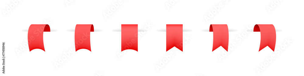 Red curled ribbon set. Bookmark ribbons vector illustration.
