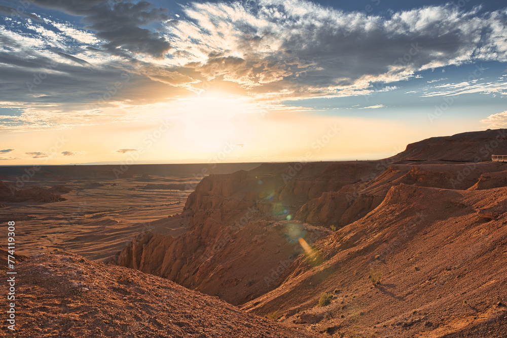 The Golden hour of Desert, Flaming cliff, Mongolia at Sunset