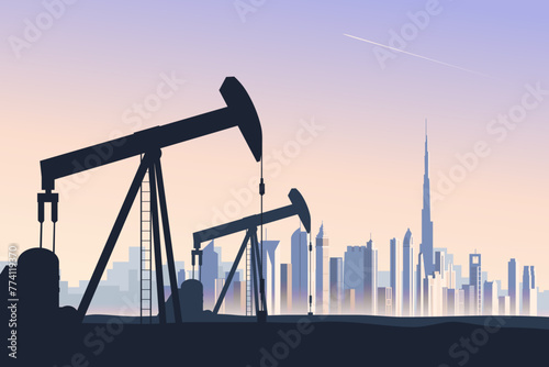 Oil well pump jack with abstract skyline of Dubai in background, vector illustration