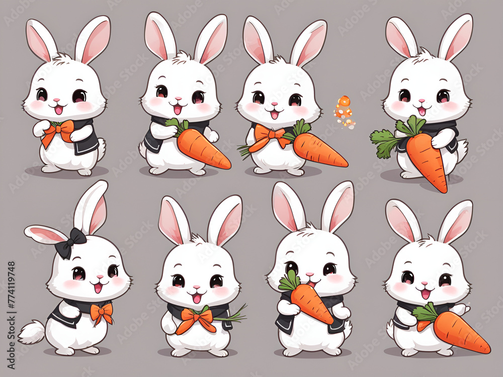 Cute rabbit, holding carrots in hand, with a bow around the neck, multiple poses and expressions ，hand drawn rabbit emoticon pack, white and black rabbit logo