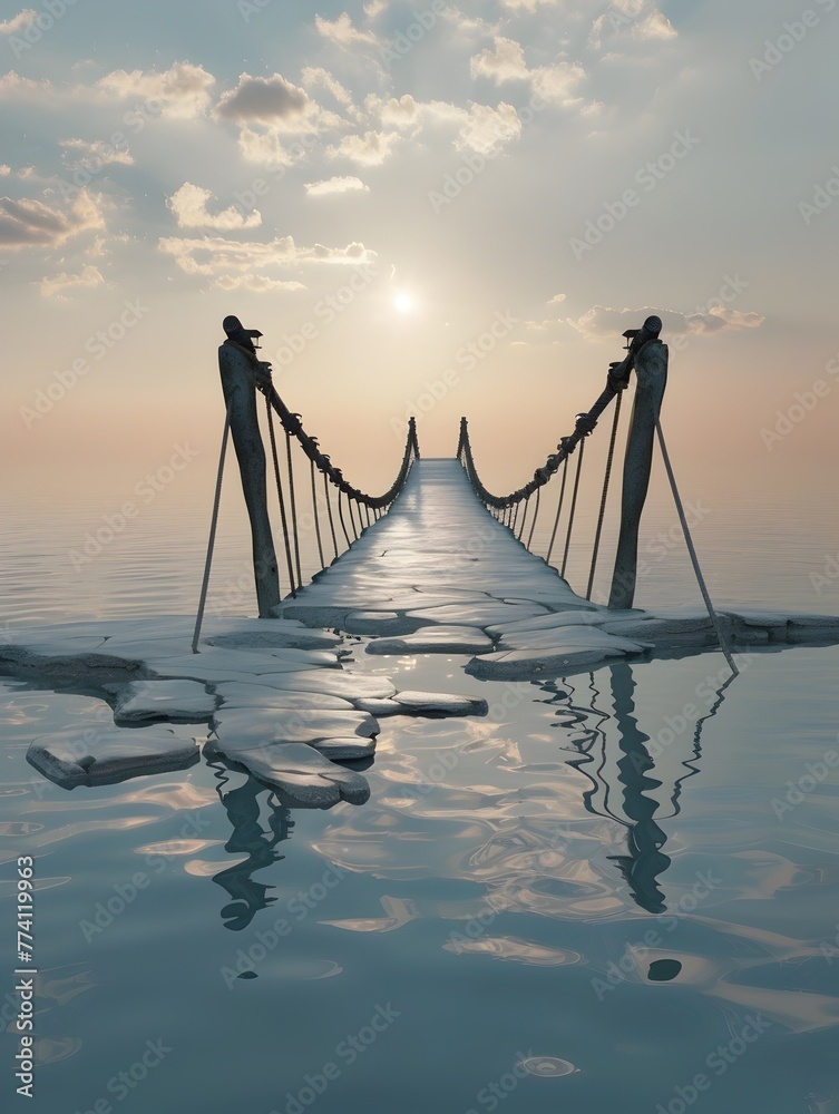 Fototapeta premium Broken Bridge Reflecting Symbolic Disconnect and Defeated Progress in Serene Dreamscape Sunset Scenery