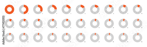 Circle pie chart as donut infographics data presentation. Charging round bar as percentage piece or part of whole. 12 and 24 segments of crossed ring.